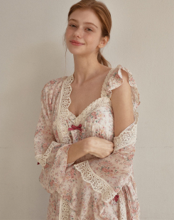 LUNALUZ韩国2024夏季 女 新品 甜美碎花性感蕾丝V领吊带睡裙睡袍套装