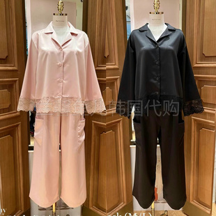 BALCONY韩国2024春纯色甜美蕾丝拼接简约前扣丝滑长袖睡衣套装女