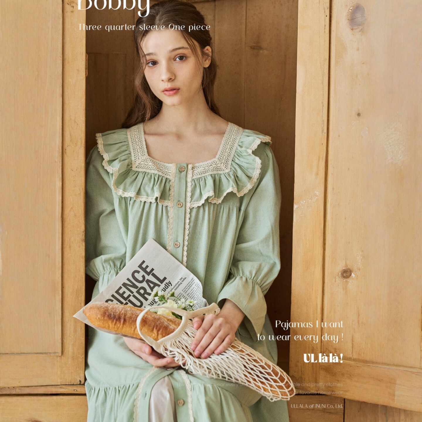 ULLALA韩国2026春纯棉清新甜美蕾丝花边格子方领七分袖家居睡裙女