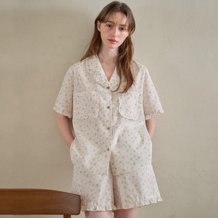 ULLALA韩国乌拉拉睡衣女2025夏季 简约休闲碎花前扣短袖 家居服套装