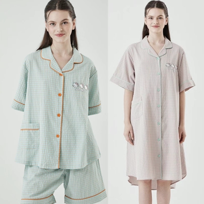女士涤棉卡通格子短袖家居服睡裙