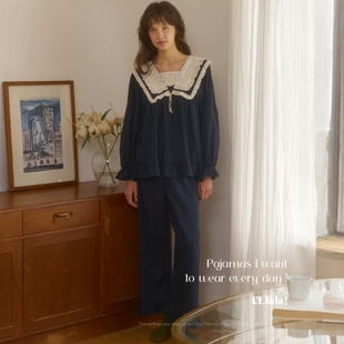 ULLALA韩国乌拉拉睡衣女2025秋冬纯棉甜美娃娃领长袖裤家居服睡裙