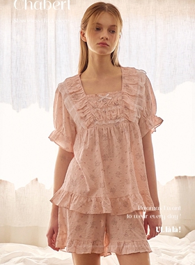 ULLALA韩国乌拉拉睡衣女2026夏甜美蕾丝边碎花方领短袖家居服套装