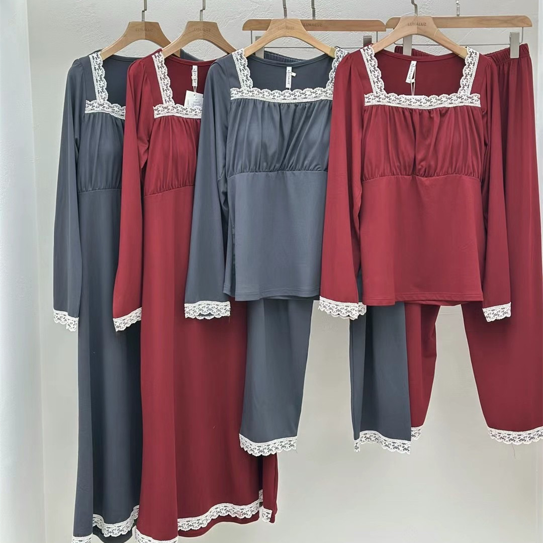 LUNALUZ韩国2025春纯色甜美蕾丝花边方领长袖弹力睡衣套装睡裙女,女士内衣/男士内衣/家居服,睡衣/家居服套装,淘宝优惠券,粉丝福利购,淘宝优惠卷