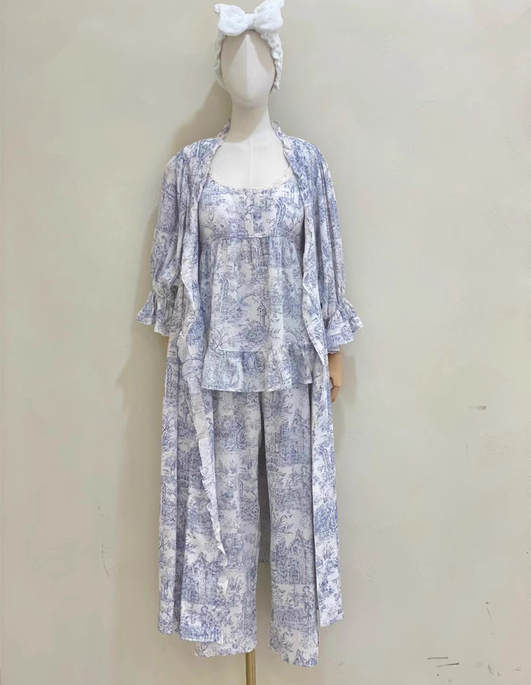 LUNALUZ韩国2024夏甜美水墨印染性感吊带短裤长裤睡衣套装睡袍女