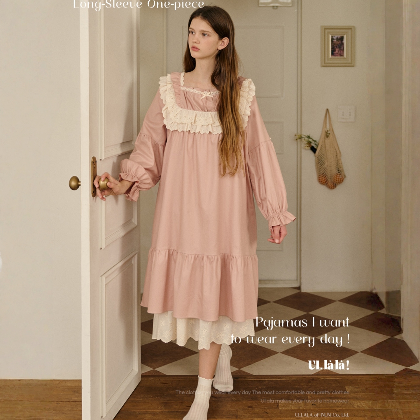 ULLALA韩国乌拉拉睡裙女2025秋季纯棉甜美蕾丝花边方领长袖家居裙