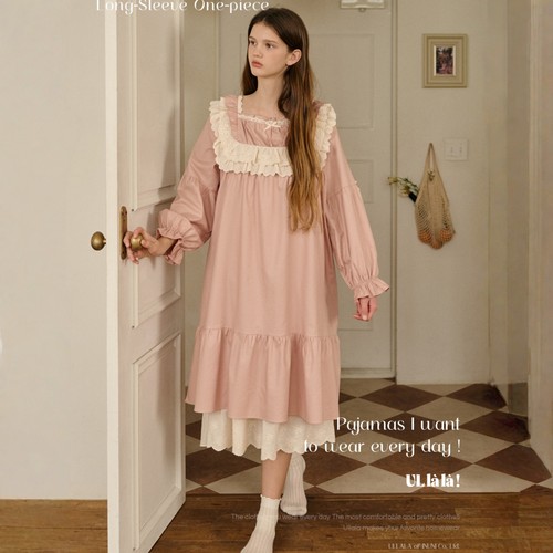 ULLALA韩国乌拉拉睡裙女2025秋季纯棉甜美蕾丝花边方领长袖家居裙