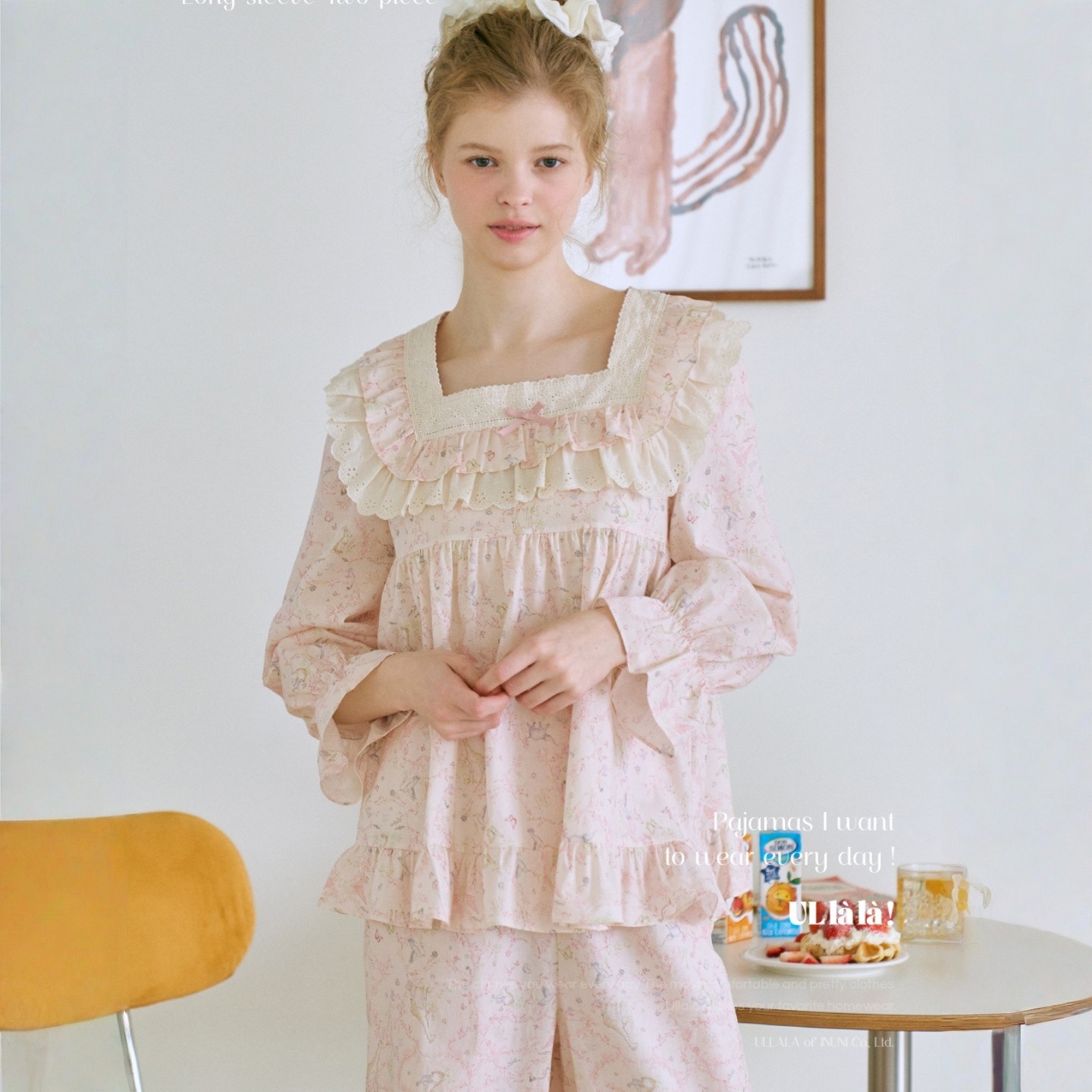 ULLALA韩国睡衣女2026春季纯棉甜美花边公主风长袖睡裙家居服套装