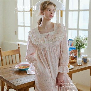 ULLALA韩国乌拉拉睡裙女2026秋季 家居裙 纯棉甜美蕾丝花边方领长袖