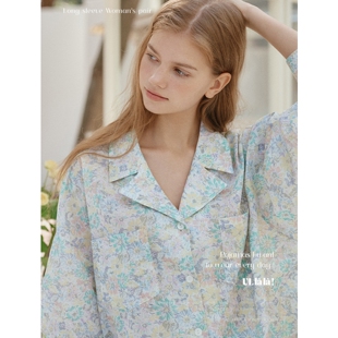 家居服套装 ULLALA韩国睡衣女2026春纯棉碎花简约休闲前扣长袖 短裤