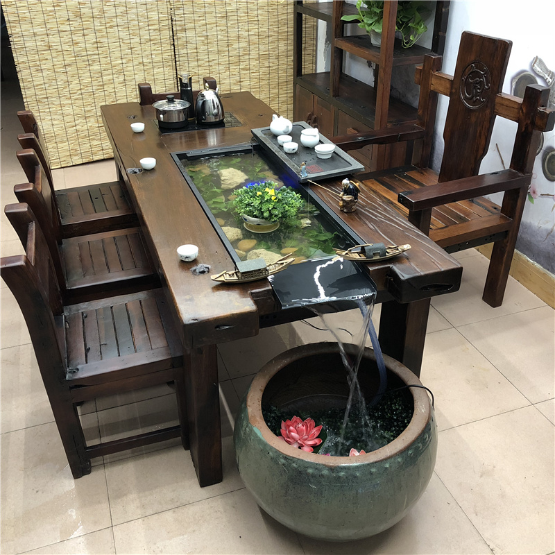 老船木流水茶桌椅组合仿古禅意实木功夫茶台中式循环养鱼创意茶几