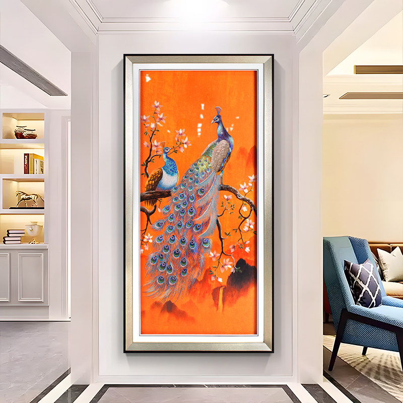 孔雀苏绣挂画新中国风入口大厅装饰画经典锦绣走廊过道背景墙壁画
