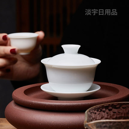 单个景德镇象牙纯白釉陶瓷盖碗三才功夫泡茶具杯碗舍大小容量家用
