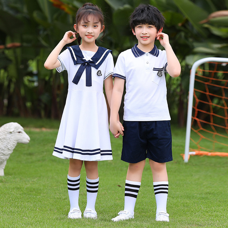 小学生校服套装夏装幼儿园园服短袖夏季儿童班服学院风毕业照白色