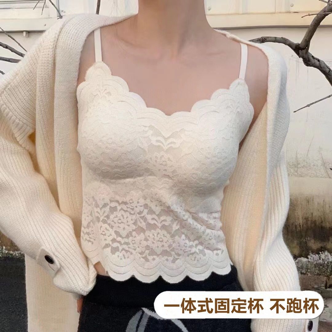 蕾丝花边吊带背心女带胸垫一体式固定杯夏季薄款冰丝无痕美背