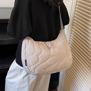 简约菱格帆布包女大容量单肩斜挎加棉通勤棉服包 时尚 2025冬季 新款