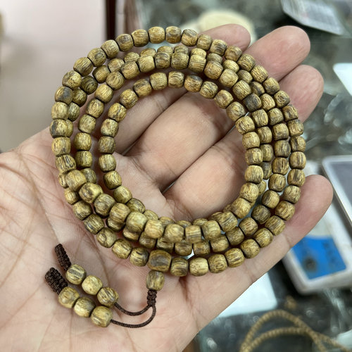 女生款芽庄白棋金丝油鼓珠5MM138颗沉香手串念珠多圈保真天然老料