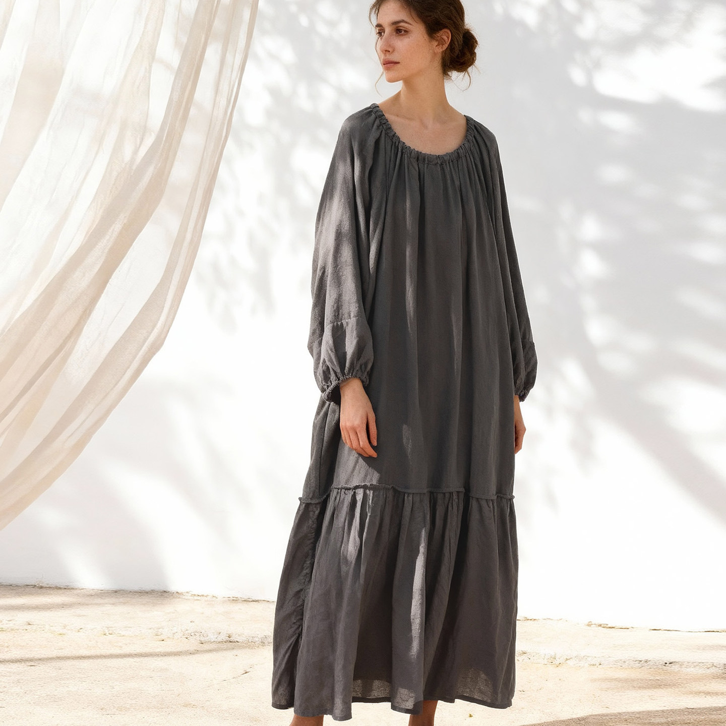 山千念壹春秋季灯笼袖宽松显瘦拼色袍子棉麻文艺抽绳领拼接连衣裙