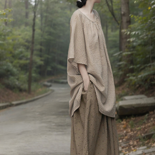 山千念壹原创简约禅意女装夏季简约朴素条纹文艺透气清爽宽松上衣