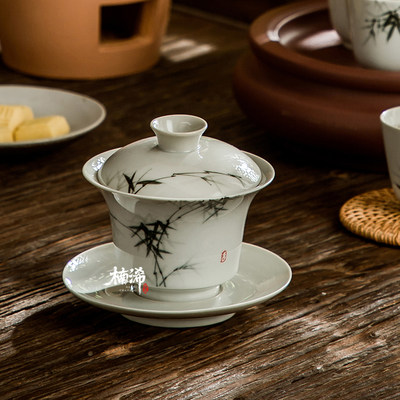 潮州功夫茶具150毫升大号草木灰釉下彩复古中式盖碗直身品茗套装