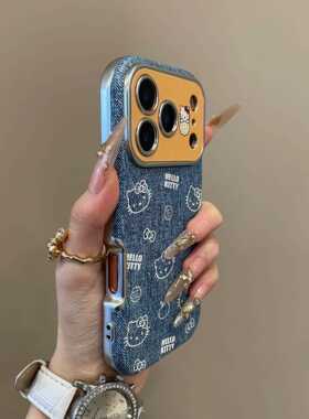 可爱蓝牛仔纹底饼干KT猫适用iPhone17promax手机壳15新款17pro网红女款13创意全包防摔16pro超好看17保护套