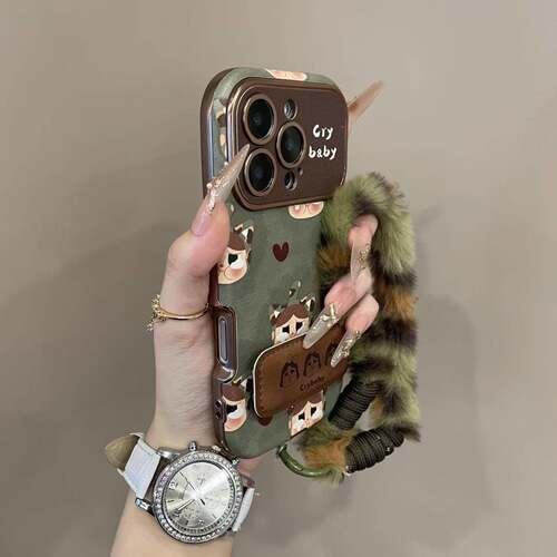秋冬皮质大视窗绿底哭娃适用iPhone17promax手机壳15新款18pro网红女款13创意全包防摔16pro超好看17保护套