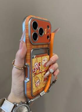 橙底格纹四宫格星星人卡包适用iPhone17promax手机壳15新款17pro网红女款13创意全包防摔16pro超好看17保护套