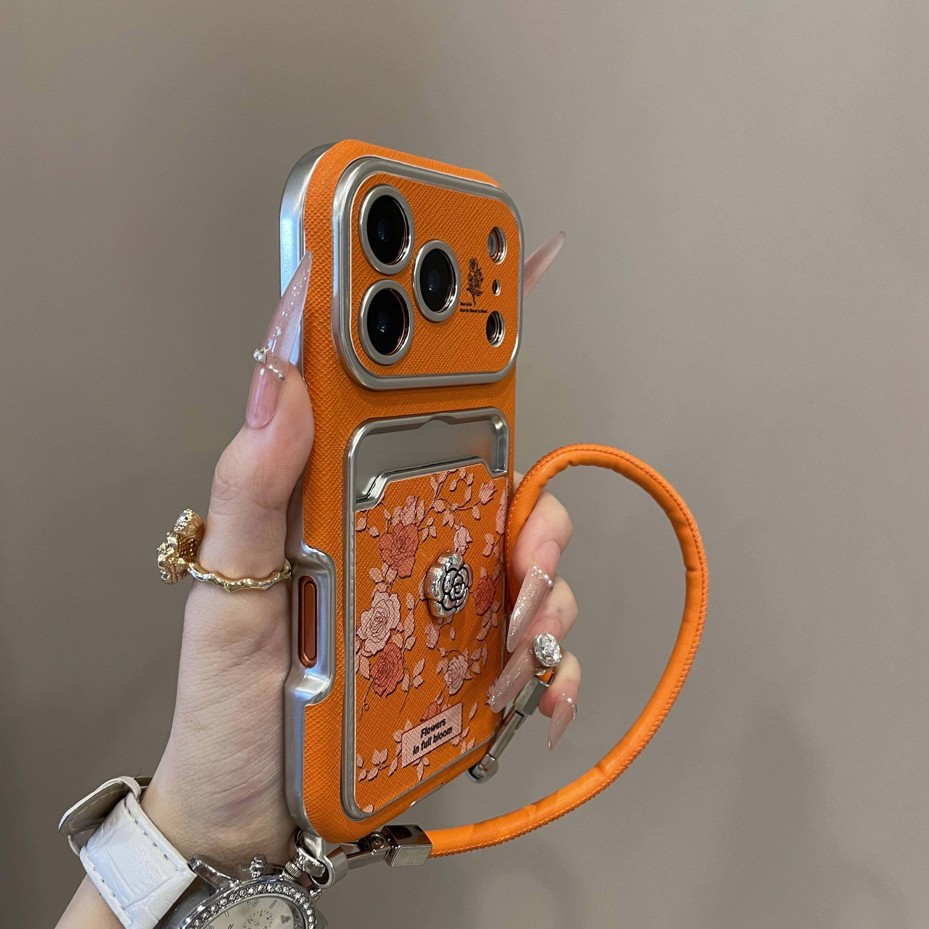 时尚大视窗橙底山茶花卡包适用iPhone17promax手机壳15新款17pro网红女款13创意全包防摔16pro超好看17保护套