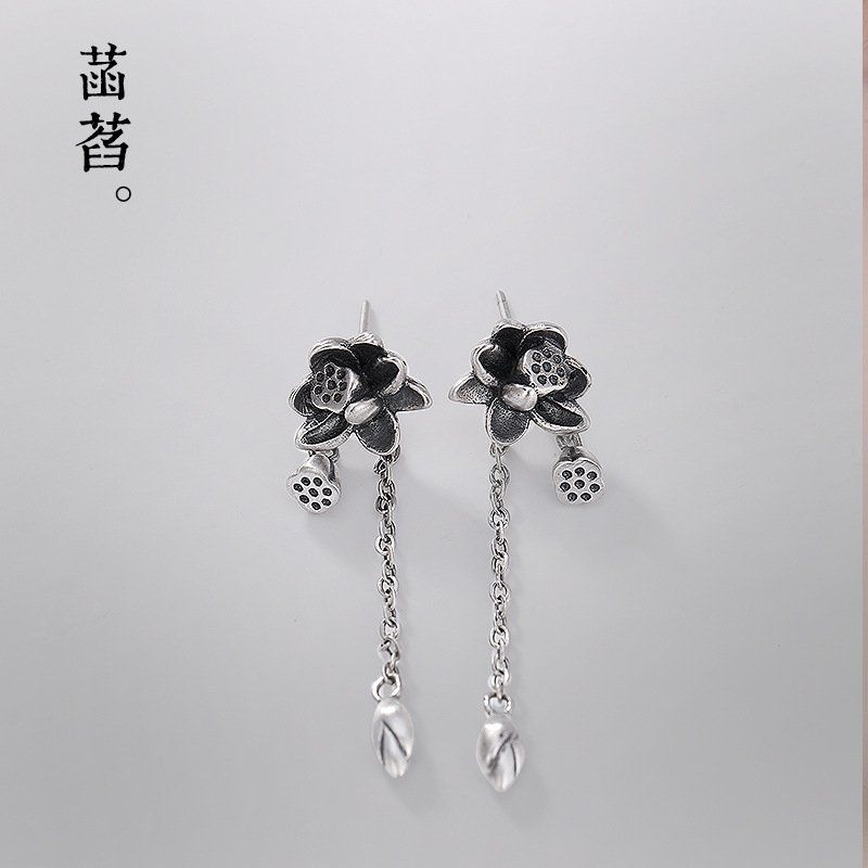 S925纯银做旧哑光莲花莲蓬流苏耳坠复古个性百搭女士款耳钉耳饰