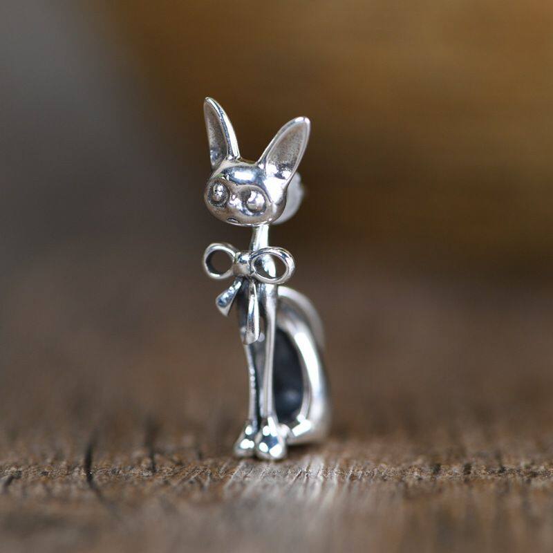 蝴蝶结小猫咪耳钉S925纯银文艺