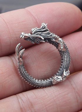 S925纯银霸王龙戒指祥龙手工复古做旧民族风霸气生肖龙开口指环