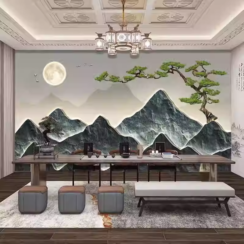 3D立体新中式茶室装饰壁画客厅电视背景墙纸酒店大气浮雕山水壁布图片