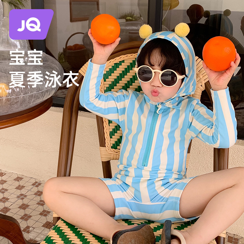 儿童泳衣男童连体带帽游泳套装小童男孩游泳裤中大童专业温泉泳装