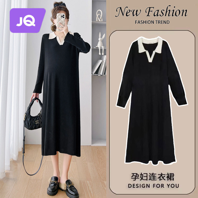 JINGQI MATERNITY AUTUMN CLOTHES 2023 NEW FASHION LAPEL DRESS LOOSE PLUS SIZE TEMPERAMENT PREGNANT WOMEN LITTLE BLACK SKIRT