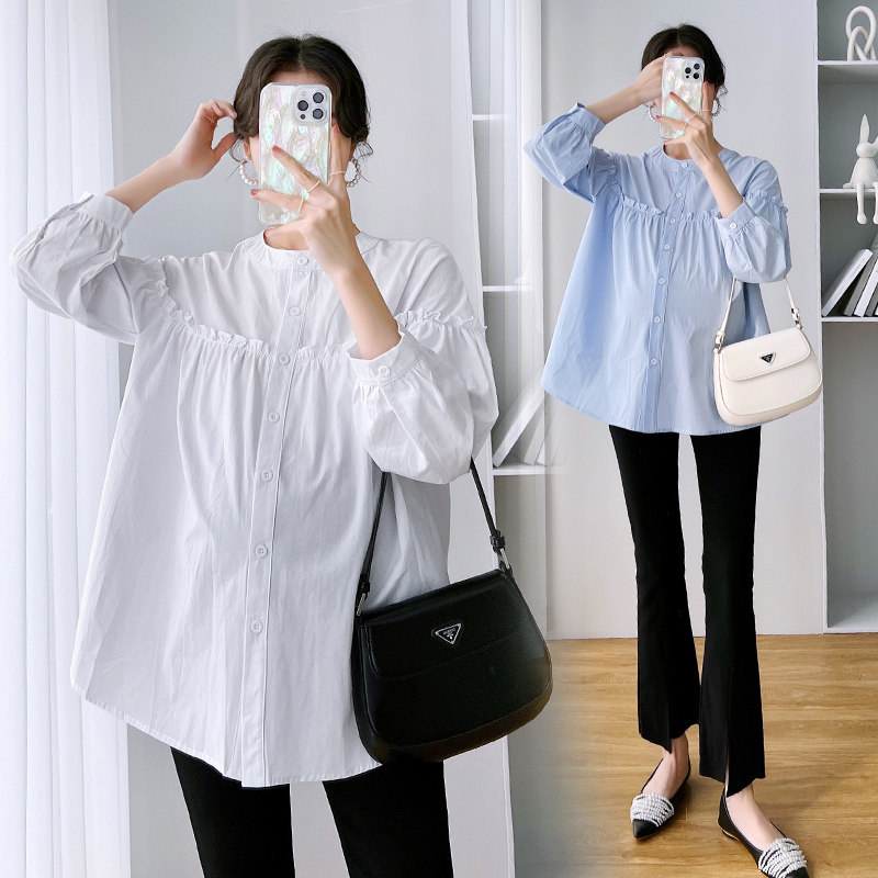 JINGQI 출산 의류 순수 코튼 가을 라운드 넥 대형 탑 긴 소매 디자인 셔츠 중간 길이 덮고 엉덩이 가을 옷