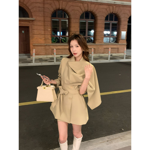 Rian trea雨婷 法式斗篷风衣女秋新款气质围脖领收腰系带显瘦外套