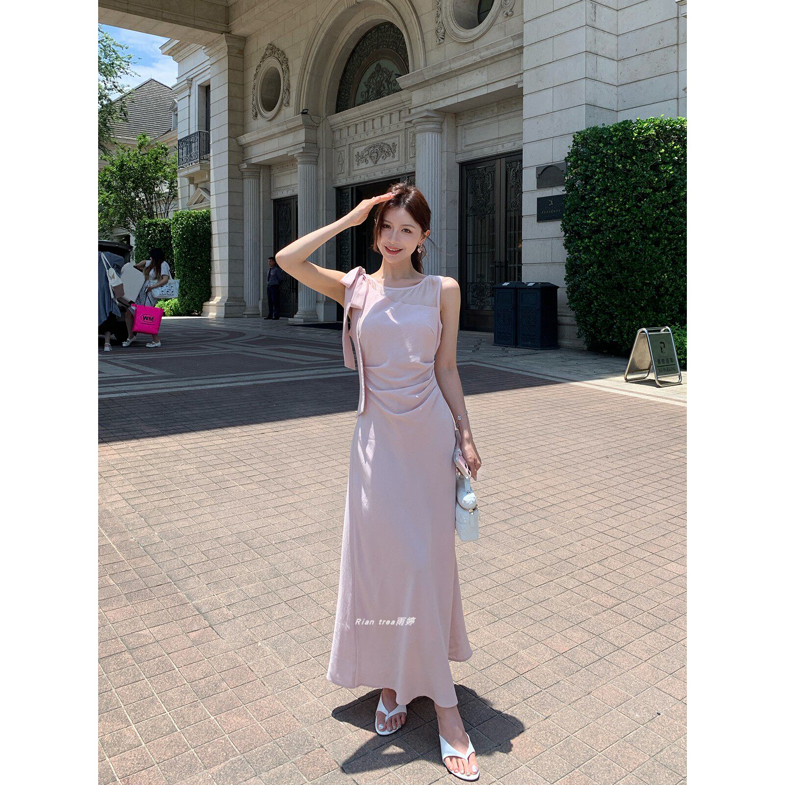 Rian trea雨婷 天丝亚麻轻法式绑带连衣裙女气质显瘦网纱拼接长裙