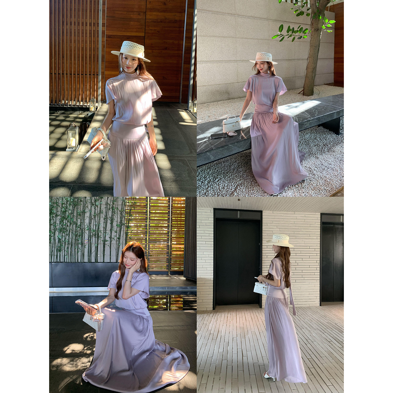 Rian trea雨婷 法式气质缎面两件套连衣裙女度假风温柔显瘦百褶裙