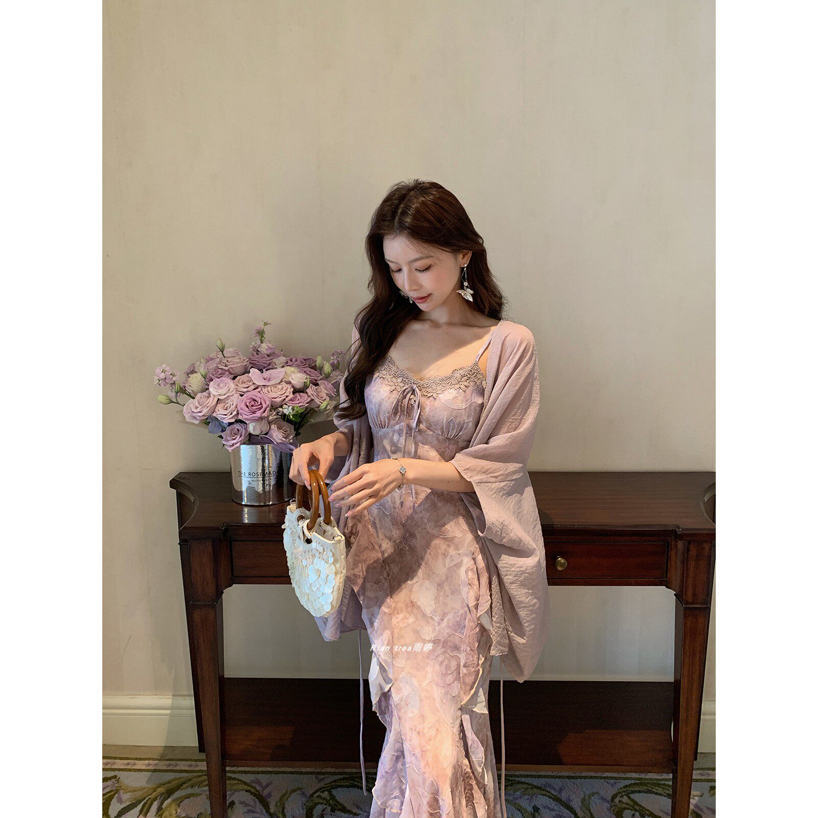 Rian trea雨婷 晕染绝美人鱼连衣裙女夏季新款吊带拼接度假鱼尾裙