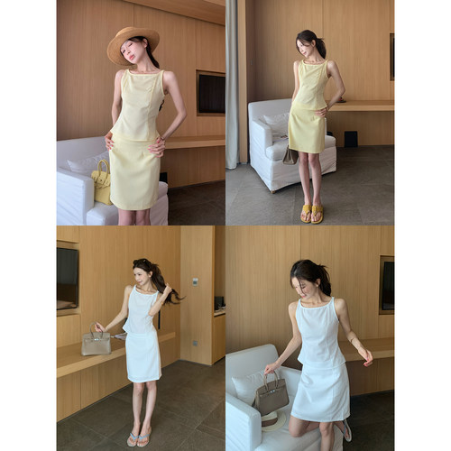 Rian trea雨婷 新款法式收腰显瘦亚麻一字领上衣半筒半身裙套装