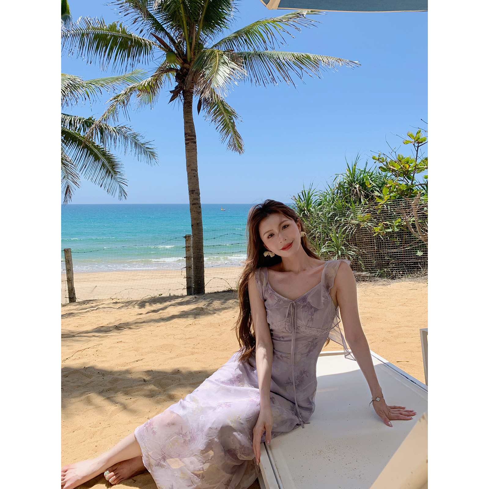 Rian trea雨婷 紫色碎花连衣裙女夏超仙气质荷叶边度假风仙女裙