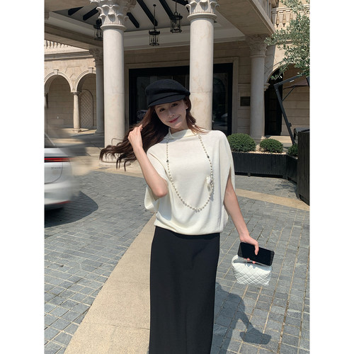 Rian trea雨婷 高级感针织衫女米白色宽松蝙蝠袖简约套头短袖上衣