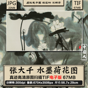 张大千 水墨荷花图 水彩墨笔花卉国画高清电子版图片打印装饰素材