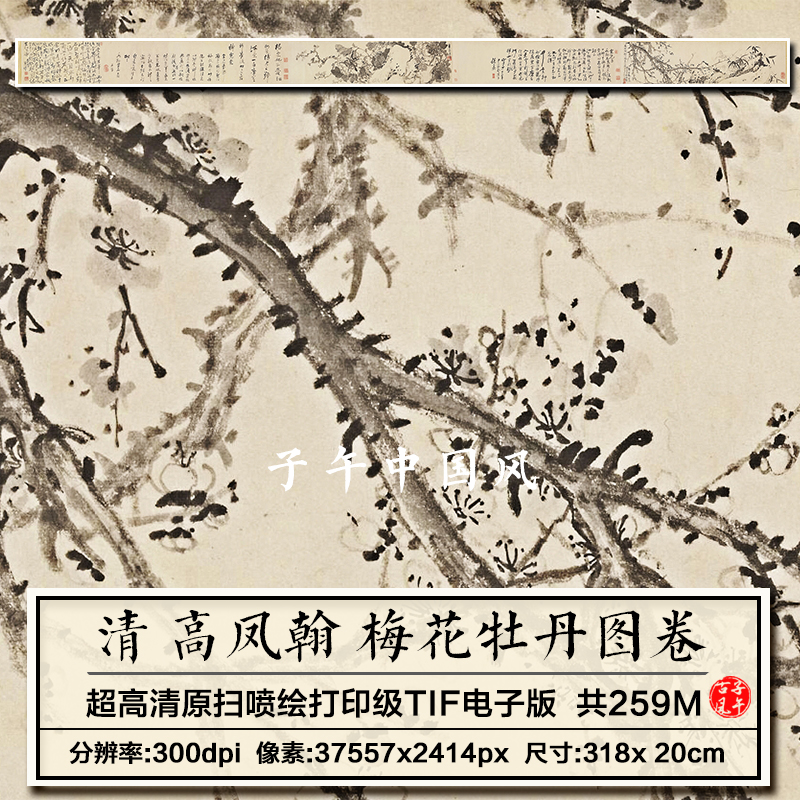 高凤翰梅花牡丹图卷清朝古代水墨花卉打印临摹高清电子大图片素材