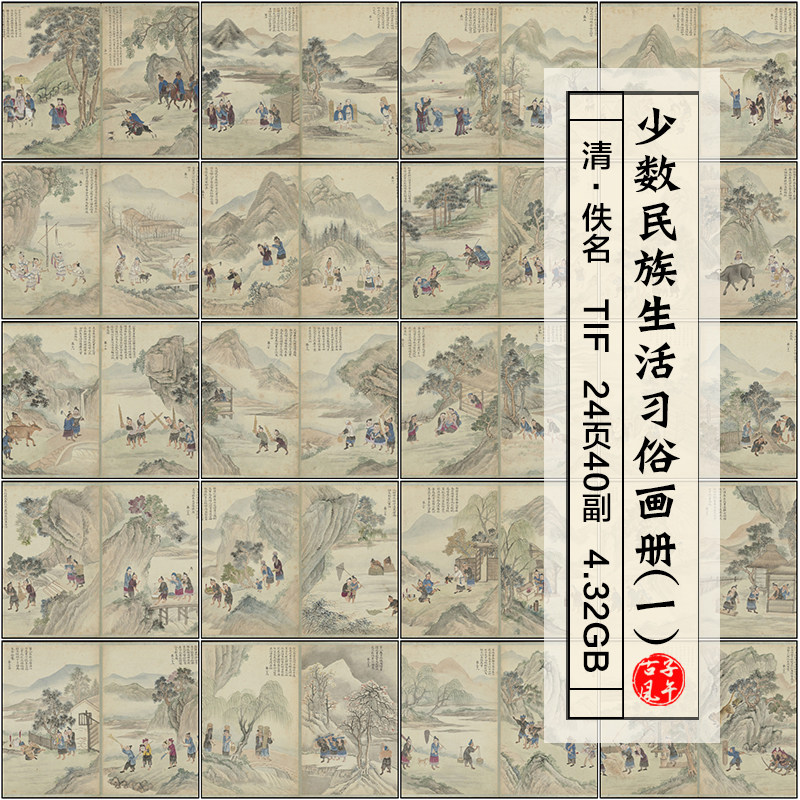 清朝少数民族生活习俗画册24开之一古代服饰绘画高清图片参考素材