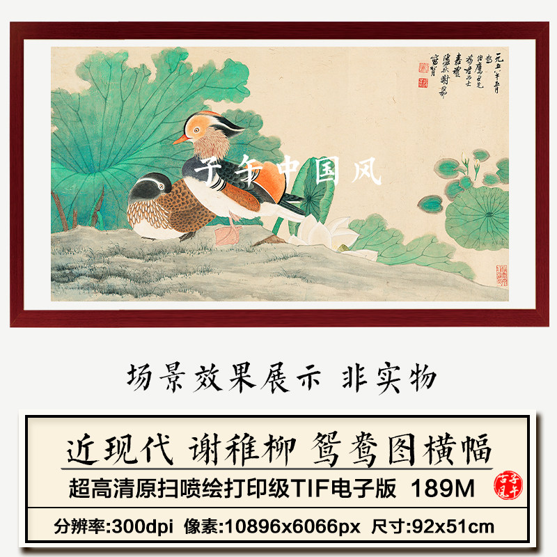 谢稚柳鸳鸯图横幅古风新中式工笔爱情装饰画高清电子版大图片素材