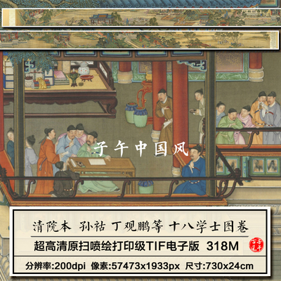 清院本孙祜周鲲丁观鹏十八学士图卷绘画临摹参考高清电子图片素材