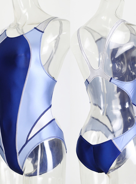 无袖拼色油亮光泽弹力丝滑露背泳衣紧身日系帕鲁菲T连体衣男女