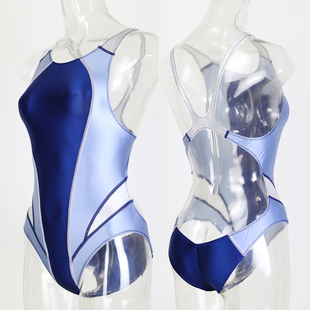 无袖拼色油亮光泽弹力丝滑露背泳衣紧身日系帕鲁菲T连体衣男女