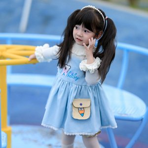 女童蓝色小狗背心连衣裙秋冬